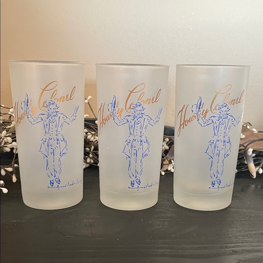 Vintage Howdy Kentucky Colonel Frosted Glasses Set-3 Pieces